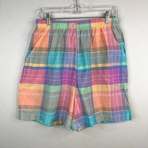 Vintage 90s Womens Beachy High Waist Plaid Shorts Size L Camping Linen Like Airy